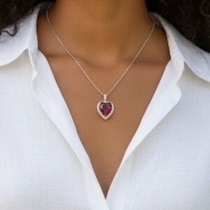 BLue  SAGE 925  Silver  Heart Necklace with Red Gemstone
